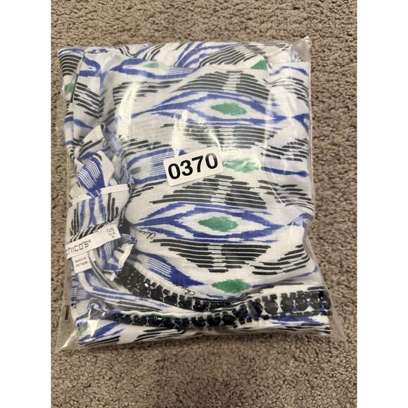 Chicos Linen Tribal Print Jeweled Neckline Ruffle Drawstring Sleeves Size 0.5/6 - Picture 7 of 8